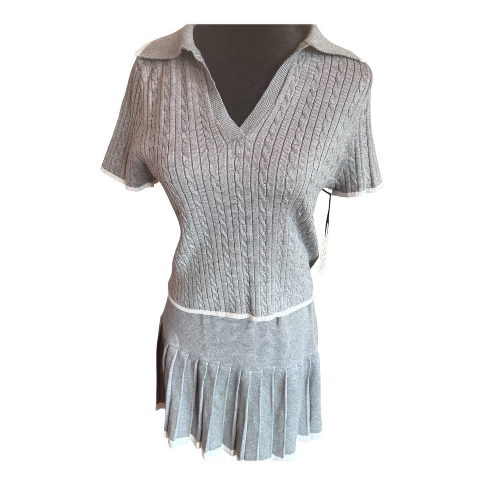 NWT Freshman 1996 Grey Skirt Set Size Large Cable Knit Top Pleated Short Skirt